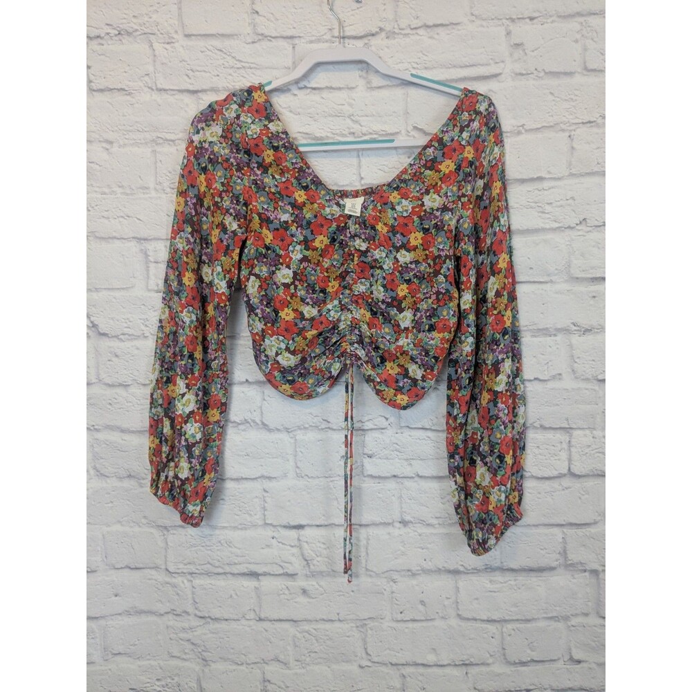 H&M Floral Cropped V-Neck Balloon Sleeve Cottage‎ Core Top Size Jrs Med